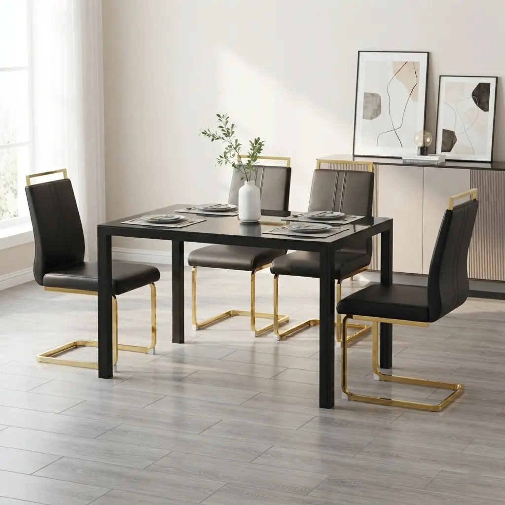 5-Piece Dining Table Set with Tempered Glass Top & 4 PU Leather Chairs, Modern Minimalist Black Kitchen Table for Apartments & Small Spaces, Durable Easy-Clean