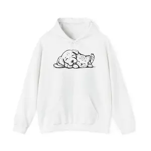 Women's dog and cat lovers, pets, animal affection Graphic Hoodie - Long Sleeve Pullover Regular Fit | Soft & Breathable Fabric, Durable Print, Everyday Comfort, Machine Washable, cartoon two sleeping puppies, one dog and one cat, cuddling together