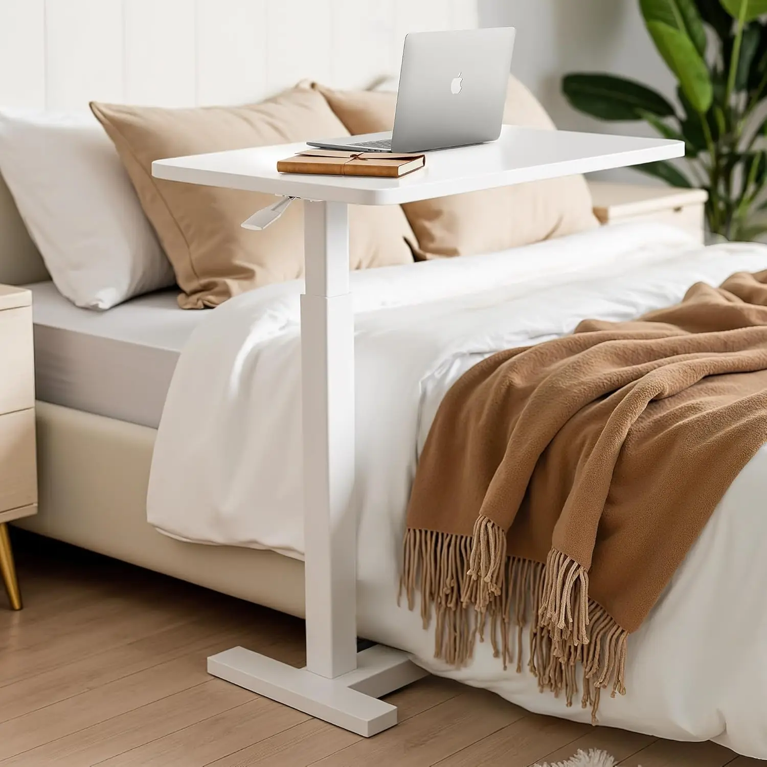 Overbed Table & Bedside Storage Shelf, Mobile Laptop Desk with Adjustable Rolling Wheels | Space Saving Frame, Suitable for Hospital & Home, Chocolate