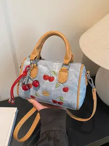 Sweet Girl Style Cherry Print Boston Bag, Mini Colorblock Handbag, Fashion Casual Shoulder Bag, Women's Daily Commute Crossbody Bag