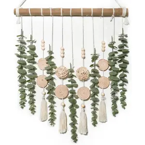 Boho Artificial Eucalyptus Hanging Wall Decor - 16.5in Stick with Plastic Fake Greenery Leaves, Wicker Ball, Butterfly, Wooden Beads - Nature-Infused Modern Minimalist Rustic Decor for Bathroom, Bedroom - Ideal Gifts