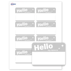 Avery Printable Adhesive Name Tags, 2-1/3" x 3-3/8", Matte White, Pre-printed Metallic Silver Hello My Name Is Design, Laser & Inkjet Compatible, 160 Total