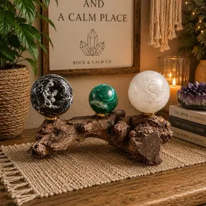 Natural Crystal Sphere Display | Driftwood Stand | Holds 3 Spheres Home