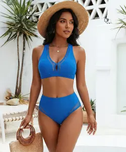 Women's 2 Pieces Swimsuit Mesh Splicing V Neck Racerback Top with Removable Pads, High Waisted Tummy Control Full Coverage Bottoms, Modest & Sexy Quick-Drying Swimwear