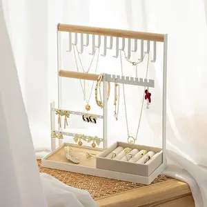 Multifunctional Multi-Layer Jewelry Storage Rack, Bamboo Wood Base & Iron Hook, Necklace Earring Stud Display Stand, Home Desktop Organizer