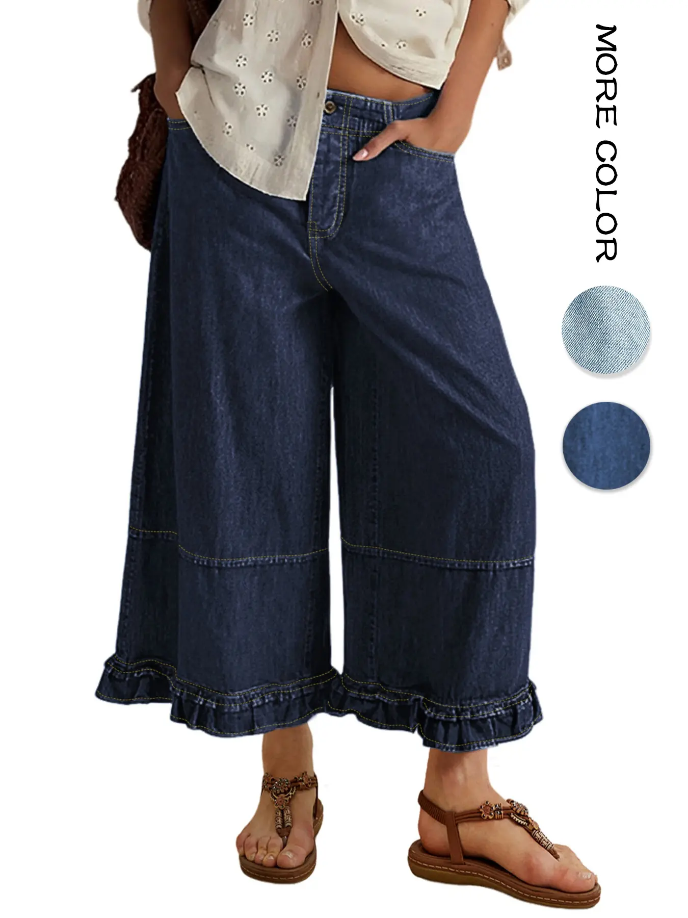 Aswulk Womens Ruffle Hem Wide Leg Jeans Mid Rise Baggy Cropped Denim Pants with Pockets