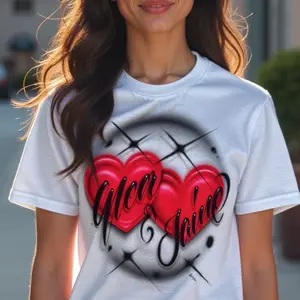 Custom Airbrush Tee - Pair of Hearts with Names Across in Hand-Painted Design - Classic Style for Couples & Friends - Unique Artwork for Fashion Statement - Smooth, Piece, Streetwear, Fabric, Womenswear, Top, Shirt, Fit