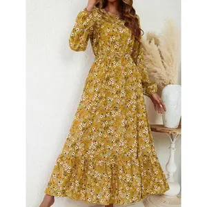 Elegant floral dress for women, spring and fall round neck long sleeve A-line midi, French style slim fit casual wear