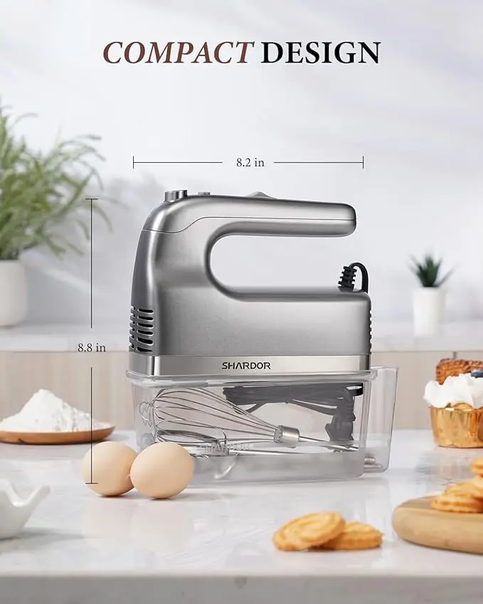 SHARDOR Durable 450W Handheld Electric Kitchen Mixer - 5-Speed + Turbo, Storage Case, 5 Stainless Steel Attachments (2 Beaters, 2 Dough Hooks, 1 Whisk), Silver Household Kitchen Appliance