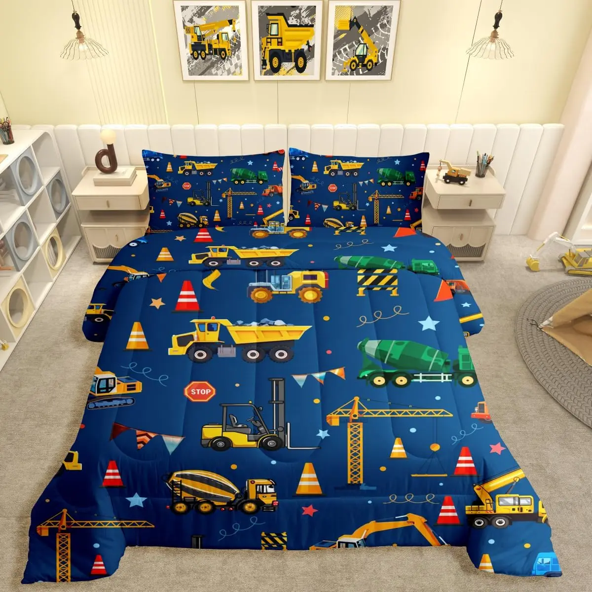 Feelyou Construction Vehicle Bedding Set - Microfiber Comforter, Excavator Print Duvet Quilt, Decorative Bedsheet Set for Twin, Toddler, Full, Queen, King Sizes, King Size, Queen Size