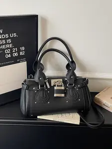 Women's Vintage Lock Boston Bag, Lychee Pattern, Silver Color Rivets, Adjustable Strap, Large Capacity, High-Quality Handbag for Work, Daily Use, Weekend