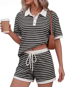 KFUBUO Womens Lounge Sets 2 Piece Outfits Short Sleeve Stripe Knit Tops Short Sets Summer Loungewear Sets