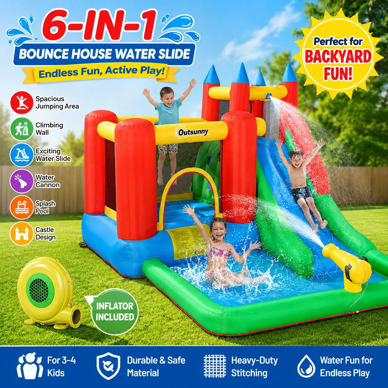Outsunny 6 in 1 Kids Bounce House Inflatable Water Slide with Pool Water Cannon Climbing Wall Air Blower Included Jumping Castle Backyard Outdoor Splash Water Park Toddler Summer Play Toy Birthday Party Gift