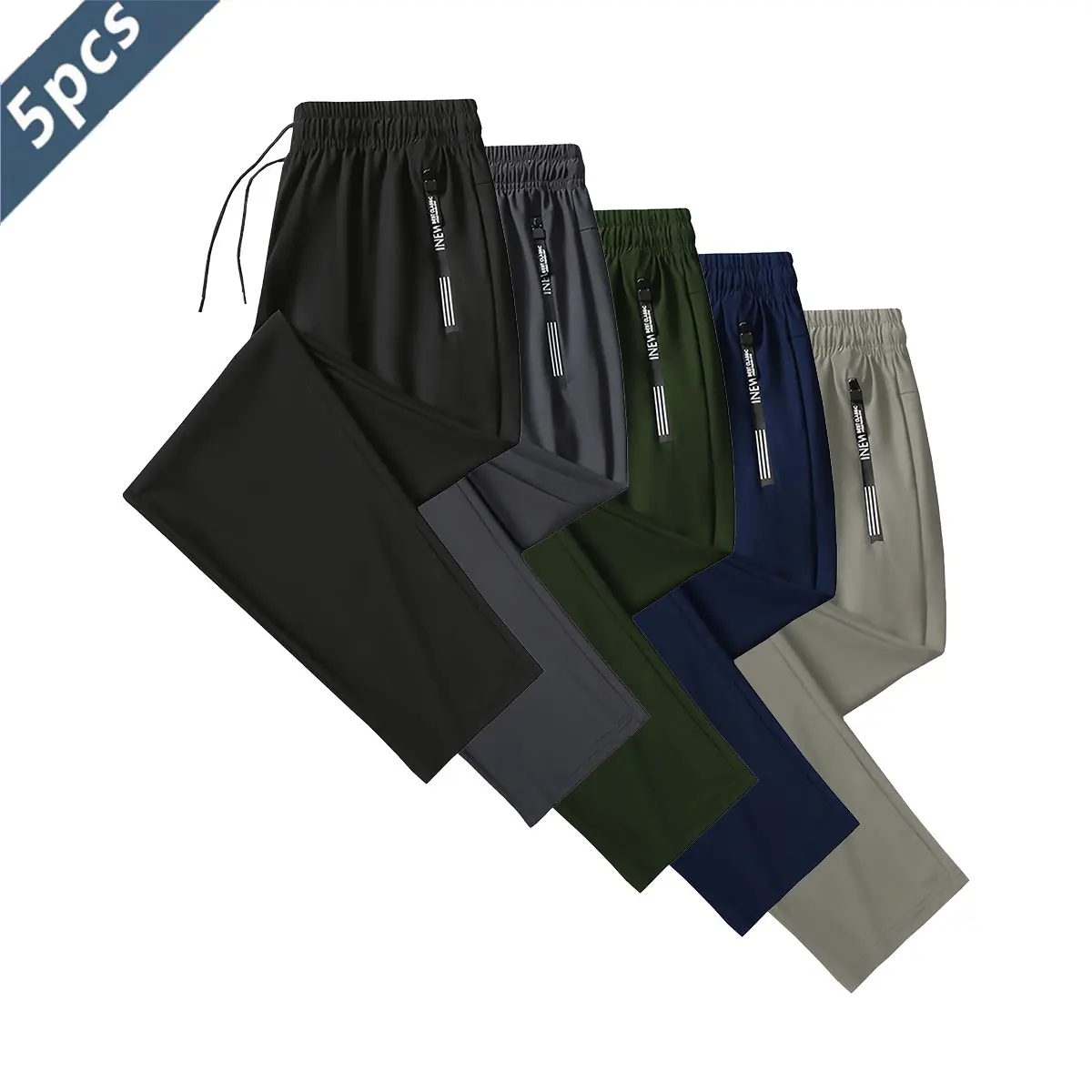 Men's 5-Pack Plain Activewear Pants - Beige Ice Silk High-Stretch Breathable Casual Gym Trousers with Zipper Pockets, Fitness Training Pant, Gym Sportswear Bottoms, Menswear for Athletes, Size M
