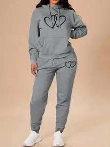 Valentine's Day New Spring Fall Fashion Home Outdoor Fitness Heart Design Print Long Sleeve Fitted Hoodie Sweatshirt Set, Casual Women's Two-Piece