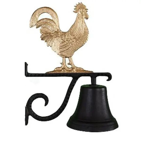 Satin Hanging Bell Ornament - 12.5 in. Long, 7.75 in. Diameter Base, Gold-Bronze Rooster Accent, Aluminum Details for Home, Garden Festive Decorations
