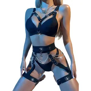 Sexy Lingerie Set For Women With Garter Belt 5 Pieces Strappy Bra and Panty Set Adjustable With Chain