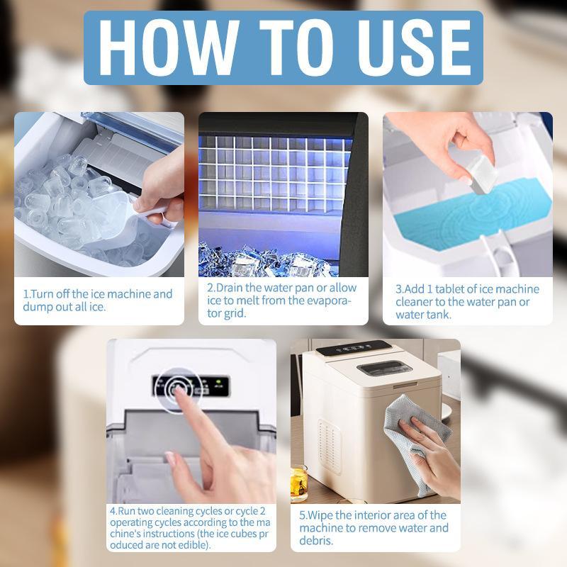 New packaging ice machine cleaner and descaler, 6 pieces, upgraded formula, suitable for household ice machine cleaning. Kitchen-safe descaling tablets, compatible with all types of household ice makers.