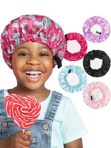 3-Piece Kids Printed Drawstring Button Elastic Double-Layer Satin Hat, Casual Breathable Comfortable Daily Wear Headwear