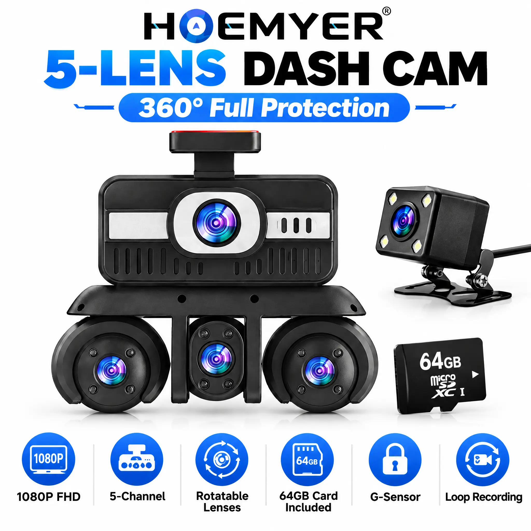 HOEMYER 5-Lens Car DVR Dashcam with 24-Hour Parking Monitor, Plug-in Automotive Dashcam, Collision G-Sensor, Left Right Coverage, No App, Optional OBD Hardwire Kit, Black Friday Halloween Christmas Gifts for Cars Trucks