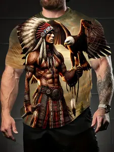 Men's Native American Chief Eagle 3D Print T-Shirt Regular Fit O-Neck Short Sleeve Tops Four Seasons Versatile Casual Streetwear Fashion Wear Tribal Legend Cultural Essential Modern Graphic Tee Apparel Menswear