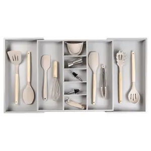 Gray Bamboo Adjustable Kitchen Drawer Organizer - Food-Safe Contract Grade, Non-Slip, Expandable from 18.5 to 33 Inches Wide, 100% Sustainable Wood