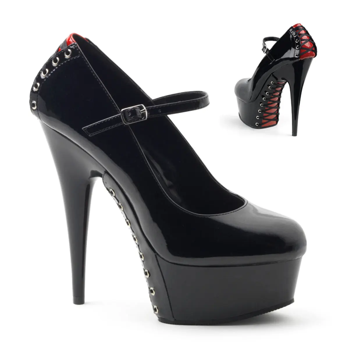 Pleaser Delight-687FH Women's Mary Jane Pumps, Stylish Red and Black High Heels with 6" Stiletto, Platform, and Intricate Lace Detail, Footwear, Elegant, Pleaser Heels