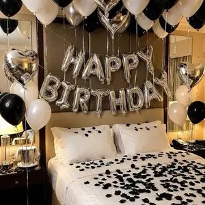 550-Piece Latex & Foil Balloons Set (Black, White, Silver) with 16-Inch Silver Happy Birthday Banner, Rose Petals for Birthday Party Decorations, Balloon Garland, Backdrop, Latex Balloons