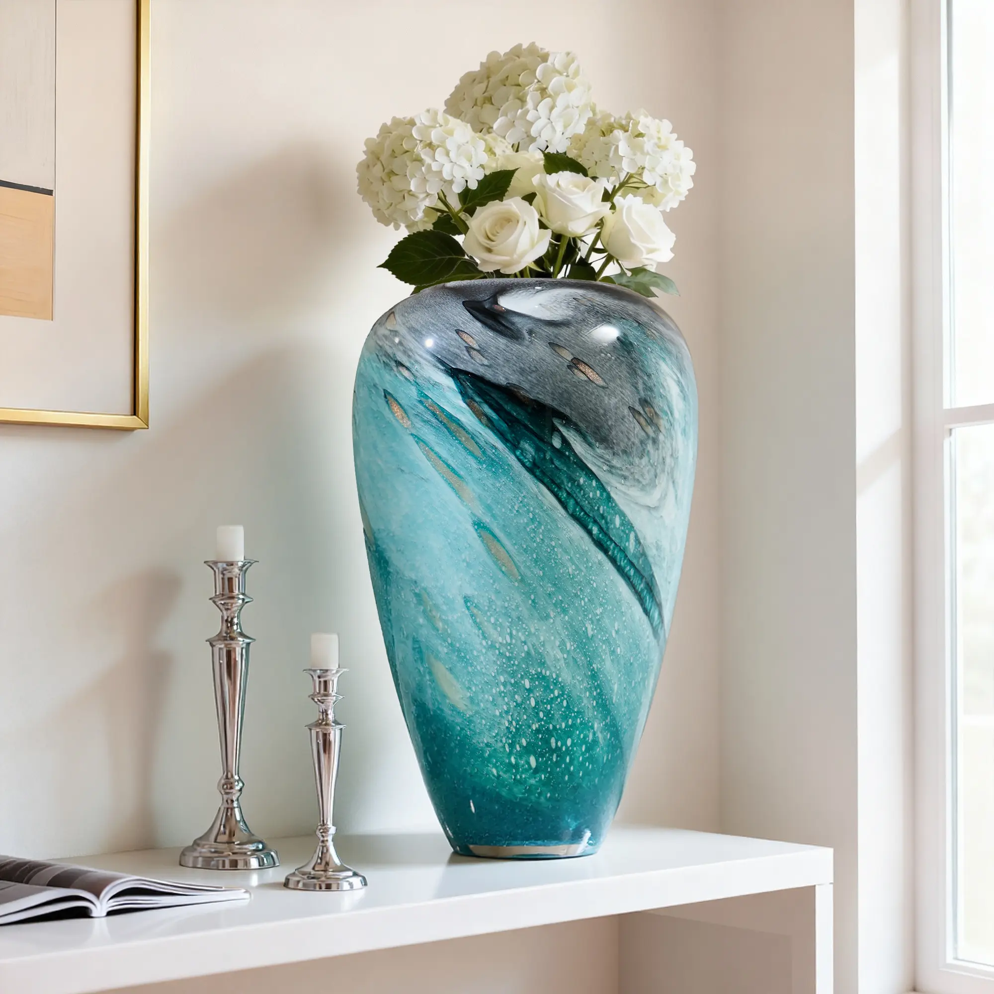 13.78 in Hand-Blown Marine Ink Painting Art Glass Vase - Swirling Teal & Gray with Gold Foil Accents, Modern Murano-Style Colored Glaze Decoration for Coastal Home Centerpiece, Living Room