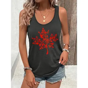 Women's Red Maple Print Lightweight Spandex Sleeveless Crew Neck Tank Top - Comfortable Casual Summer Lady Blouse, Suitable for Beachwear & Everyday Outfits, Machine Washable, Ideal Gift for Family