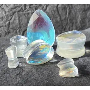 PAIR Luminous Moonstone Iridescent Faceted Glass Teardrop Plugs Tunnels Gauges