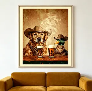 Retro Cowboy Dog & Duck Beer Drinking Artistic Unframed Painting, Vintage Western Homestyle Wall Arts, Vintage Room Decor Poster for Room Home Decor