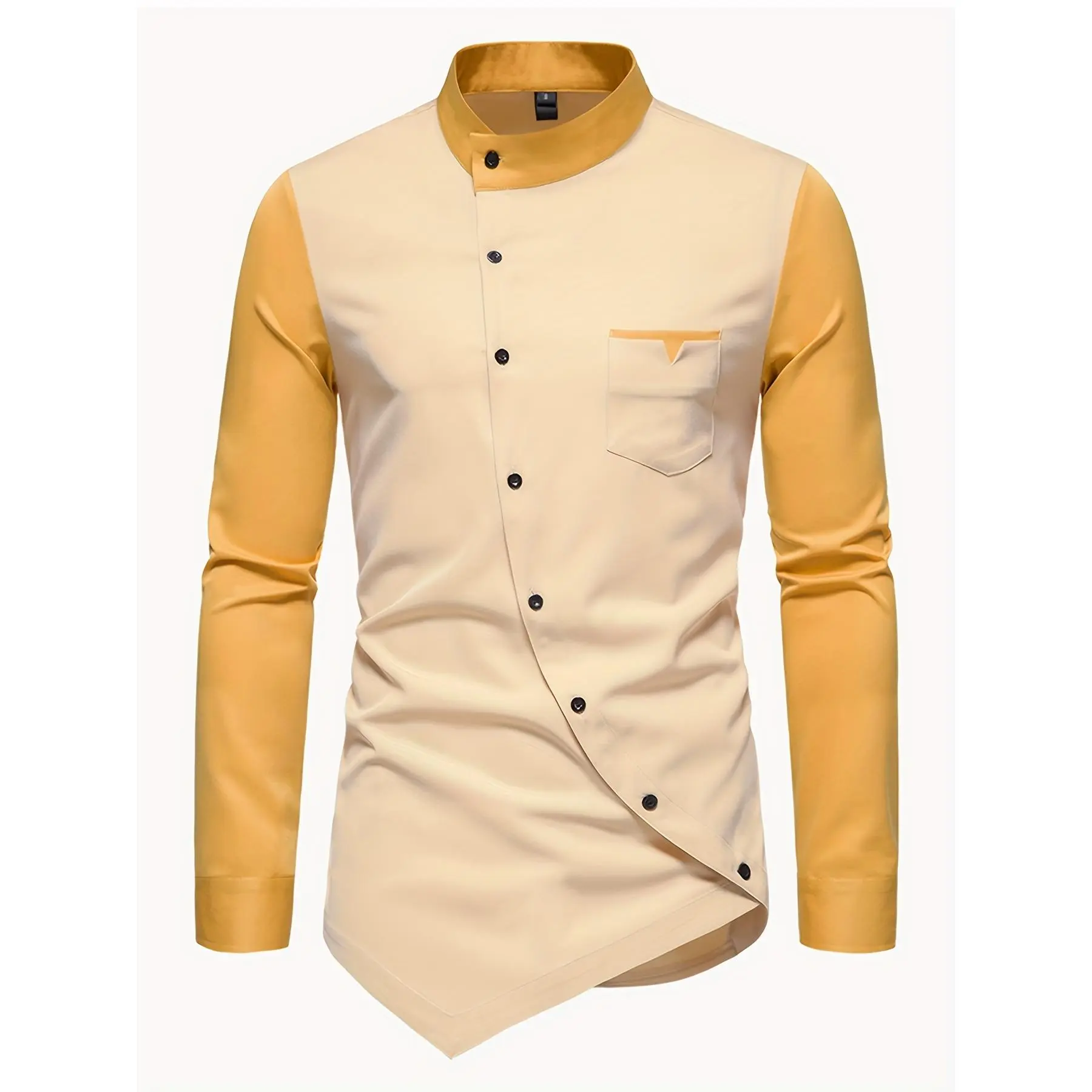 Men's Colorblock Henley Long-Sleeve Shirt - Menswear, Glossy Stretch Polyester-Spandex Blend, Casual Stand Collar, Slanted Buttons, Regular Fit, Machine Washable, All-Season Everyday Wear Top