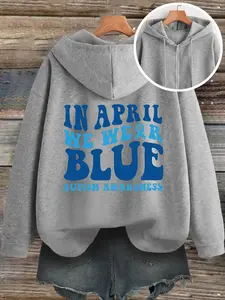 Autism Awareness Hooded Zipper Sweatshirt, in April We Wear Blue Print Top, Casual Fitted Summer Women's Clothing