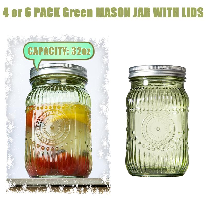 4/6 Pack 32 oz Sunflower Print Clear/ Blue/ Green/ Pink Wide Mouth Mason Jars for Preserving,Jam,Honey for Storing All kinds of Food