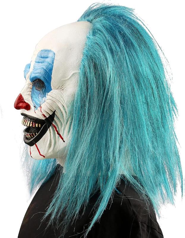 Scary Adult Clown Mask Masquerade Halloween Laughing Killer Joker Costume Prop with Blue Hair Latex Material for Mardi Gras and Costume Parties
