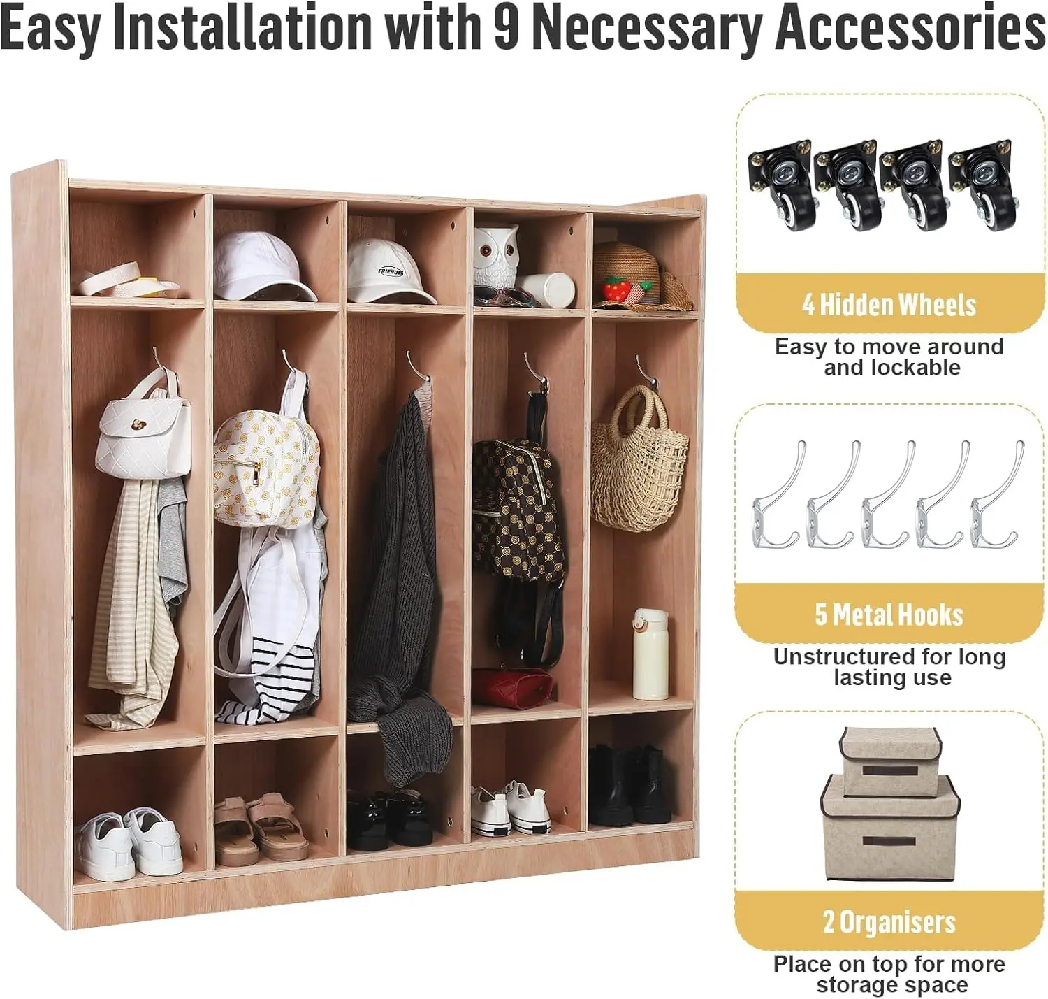 5-Section Classroom Coat Locker, Classroom Cubbies, 10 Cubbies for Classrooms, Classroom Furniture with 4 Casters, 5 Hooks and 2 Storage Boxes for Daycare, School and Home, Natural