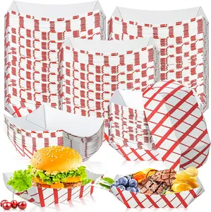 150 Pack Checkered 1Lb Paper Food Boat Trays Disposable Paper Boat Plates Containers, Colored Kraft Food Serving Tray Boats Bowls for Snack Fries BBQ Popcorn HotDog Sandwich Dessert Taco Nacho
