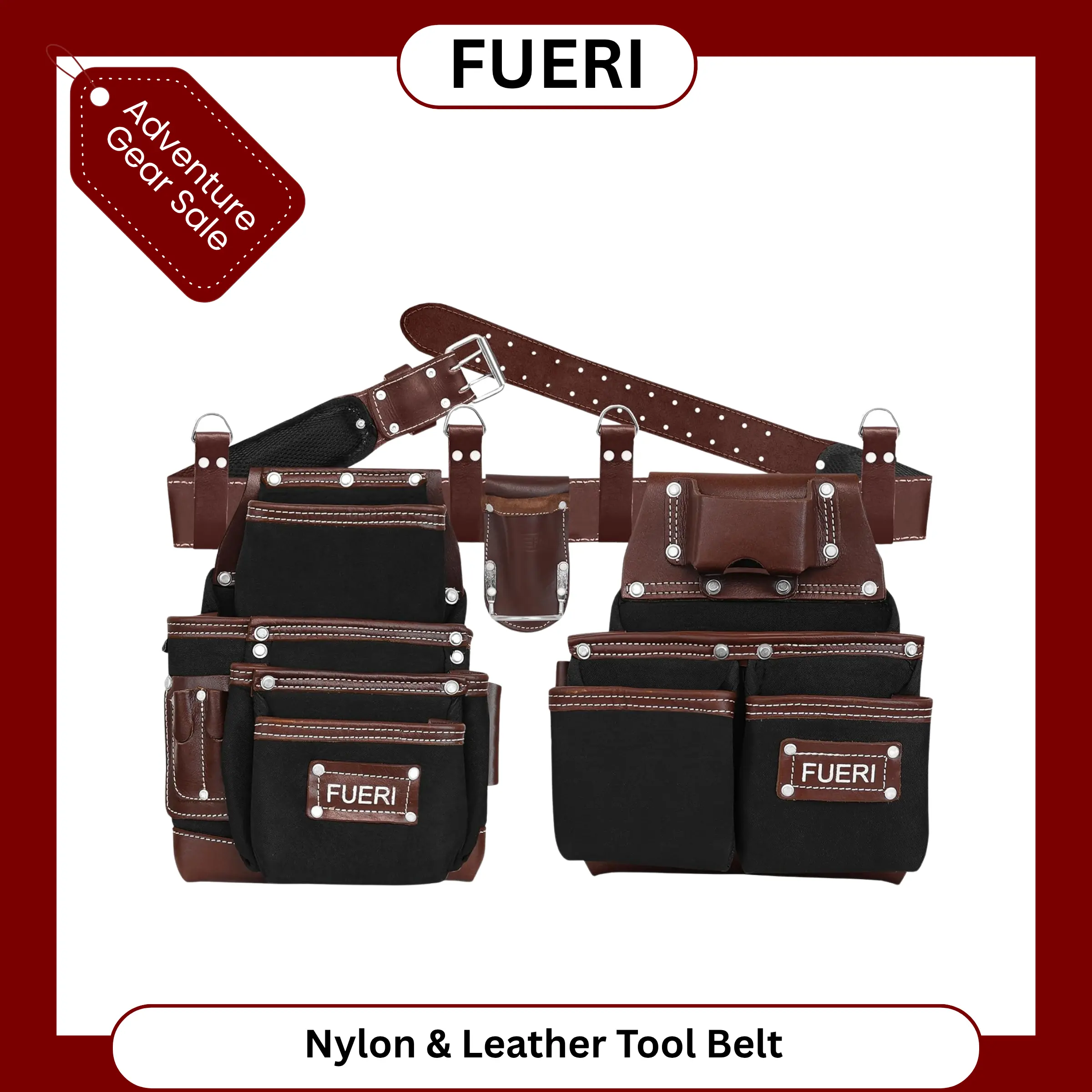 FUERI Nylon and Leather Tool Belt comes with 19 Pocket with Adjustable Foam Padded Belt,Heavy Duty Pouches, 4 D-Loops, and hammer holder for Carpenters & Electricians