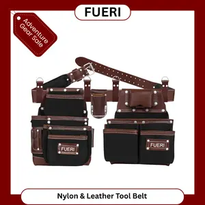 FUERI Nylon and Leather Tool Belt comes with 19 Pocket with Adjustable Foam Padded Belt,Heavy Duty Pouches, 4 D-Loops, and hammer holder for Carpenters & Electricians
