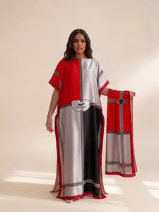 Women's Elegant Striped Robe Set, Long Dress + Headscarf Scarf Hairband, Beach Sun Protection Satin Silk Shawl, All Seasons Fashion