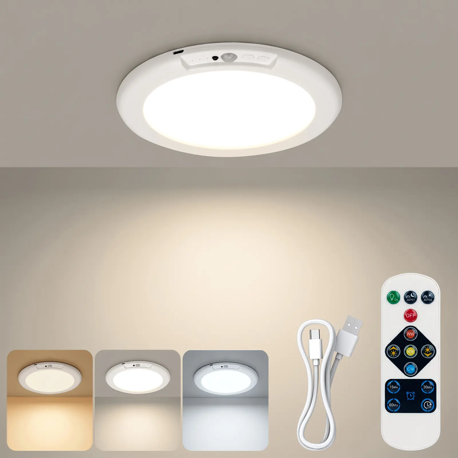 Rechargeable Motion Sensor Ceiling Light with Remote - Magnetic Wireless Ceiling Light Battery Powered for Closet Shower Stairs Shed Hallway Porch Patio ect,Suitable for various scenarios, easy to install.