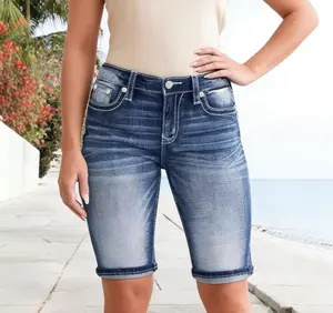 Women's Denim Bermuda Shorts - Mid-Rise, Stretchy, Rolled Hem Long Jean Shorts | Womenswear Bottom