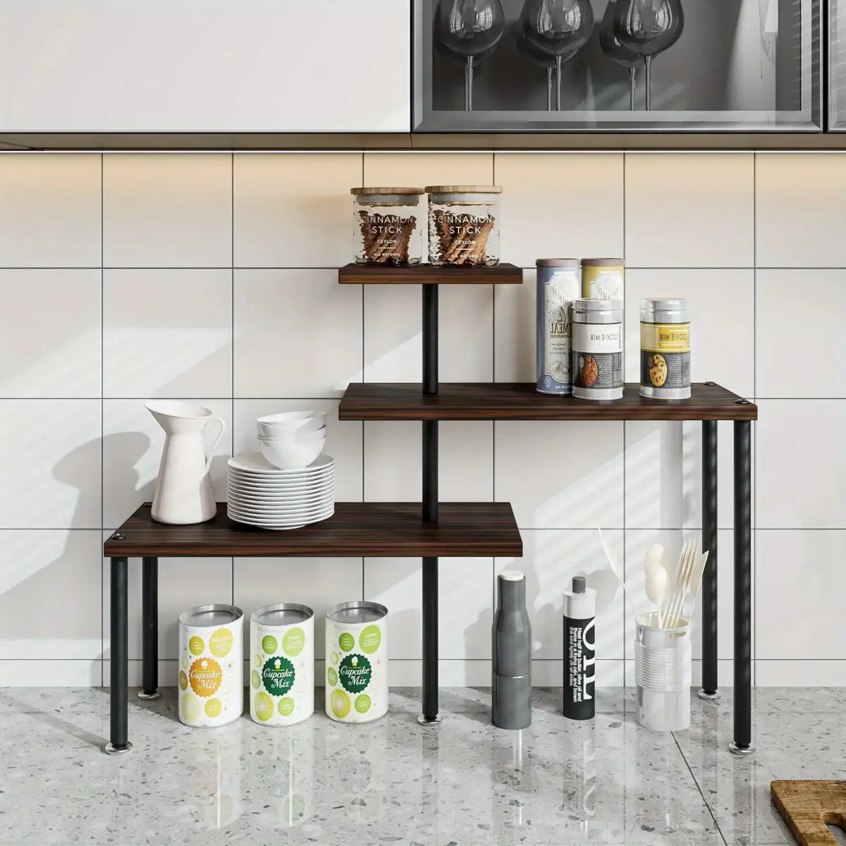 3-Tier Corner Shelf - Adjustable Space-Saver for Kitchen/Bathroom, Heavy-Duty Metal Rack with Non-Slip Coating, Perfect for Spices/Bottles, Compact Countertop Organizer, Easy Assembly Modern Shelving