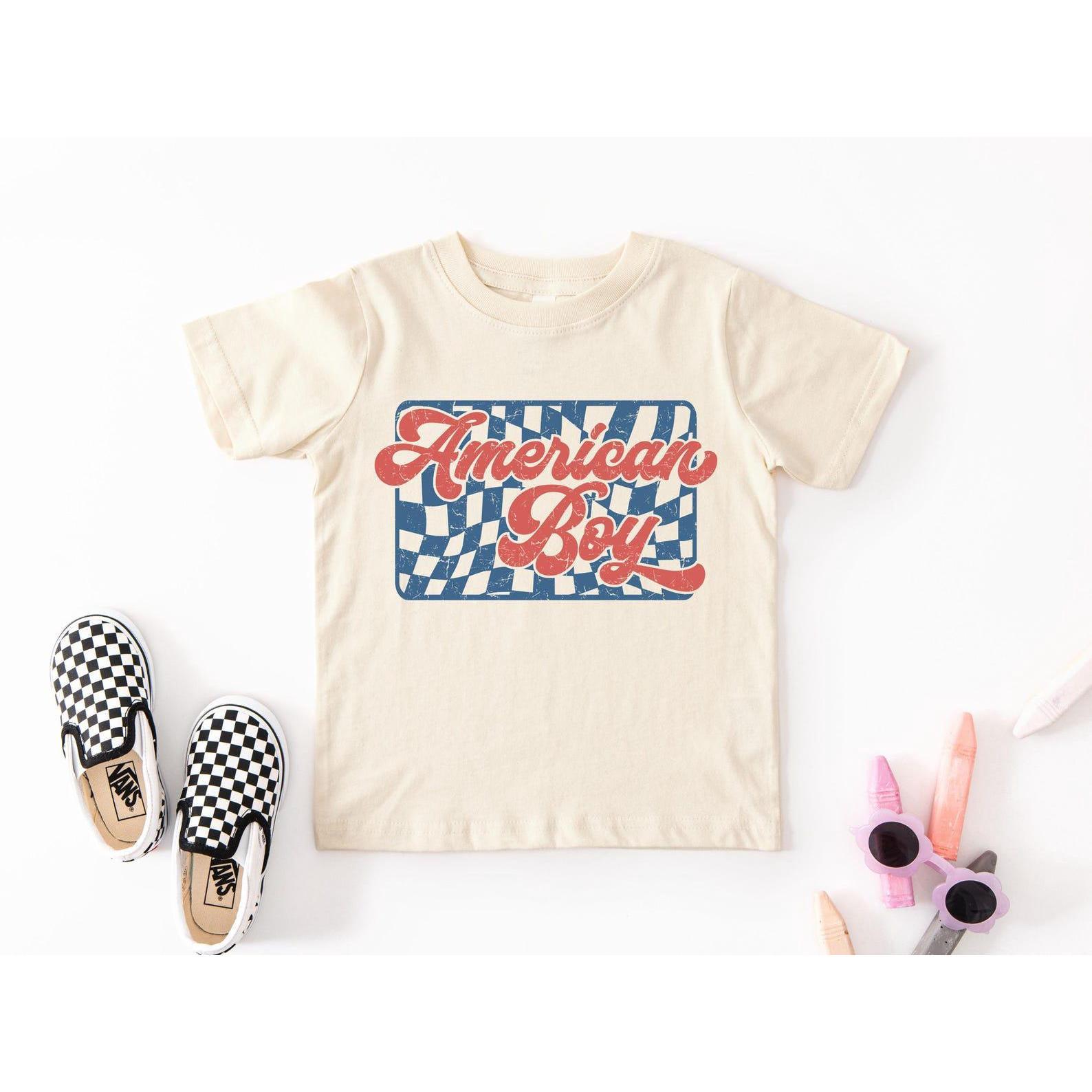 American Boy Shirt, Retro Checkered T-Shirt, Patriotic Distressed Graphic Tee, 4th Of July Outfit, Cream Summer Clothes, Boys Gift