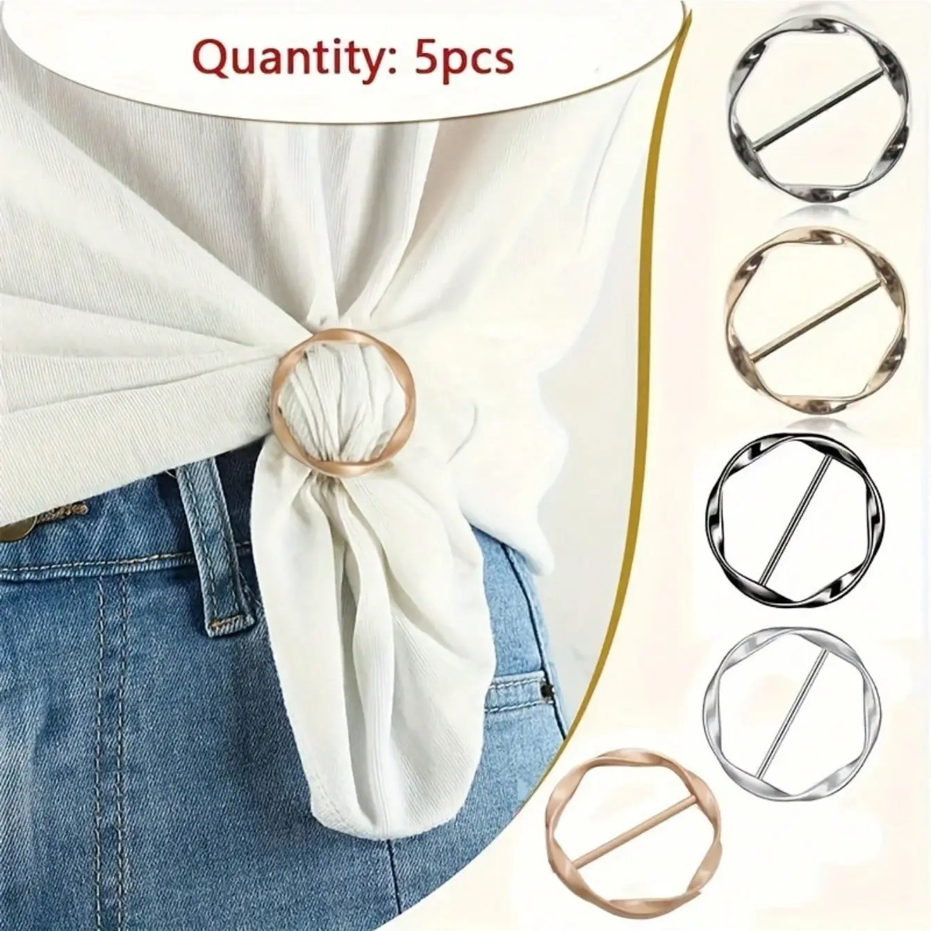 5Pcs Versatile Durable Alloy Scarf Ring & Shirt Buckle Set - Multi-Use T-Shirt Waist Cincher, Scarf Clip & Belt Buckle, All-Match Casual Fashion Accessory for Daily Outfits