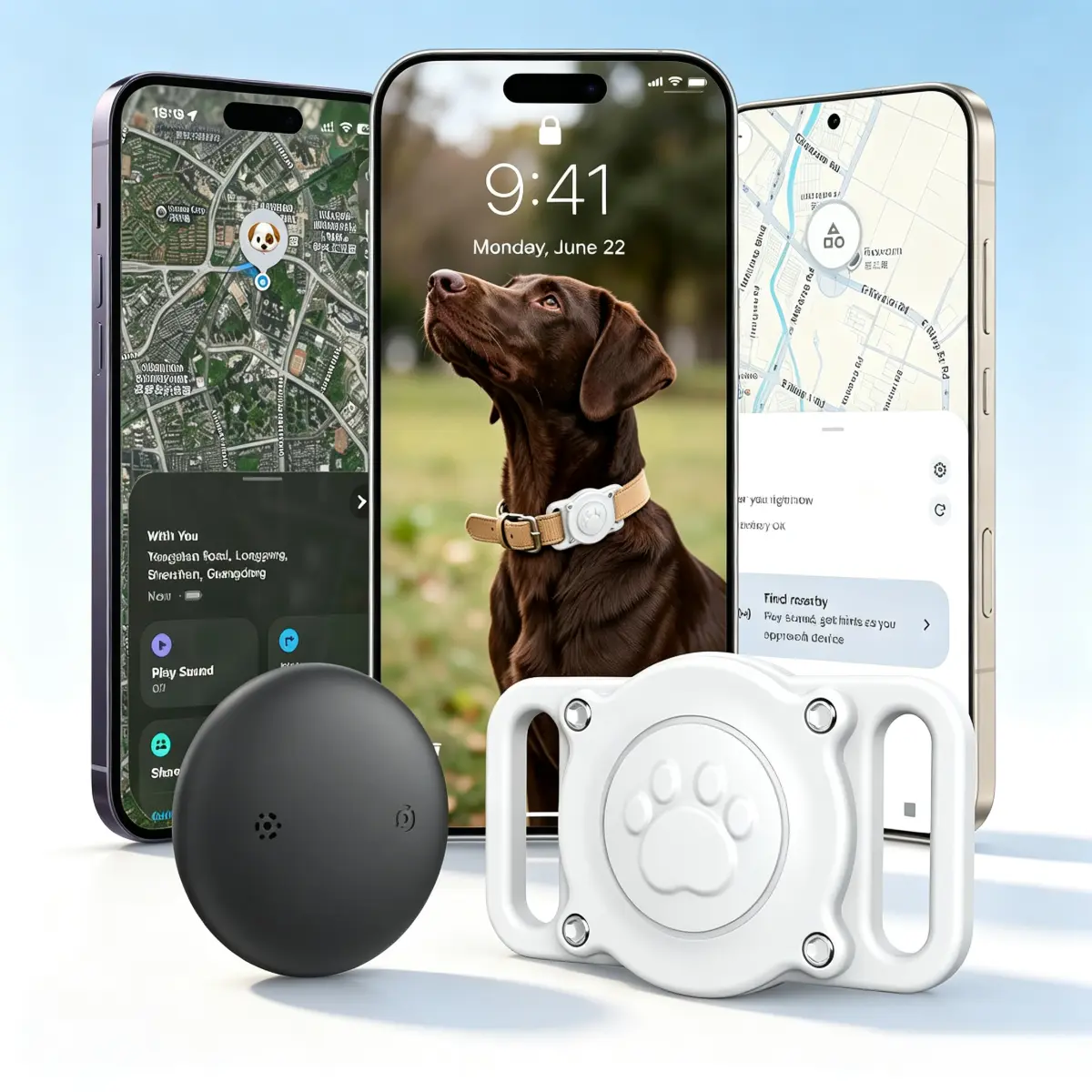 GPS Dog Tracker Collar Mini No Monthly Fee Bluetooth Smart Pet Activity Tracker Android iOS Apple Find My Google Find Hub Finder Tag White