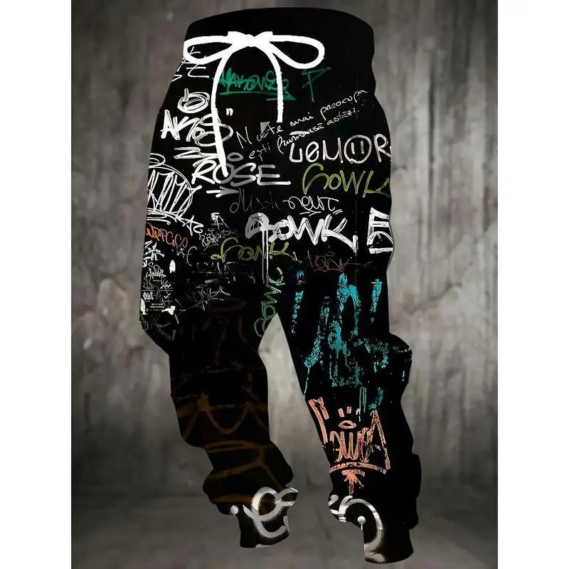 Men's Sweatpants, Casual 3D Graffiti Full-Print Polyester Joggers with Drawstring and Pockets, Regular Fit Menswear