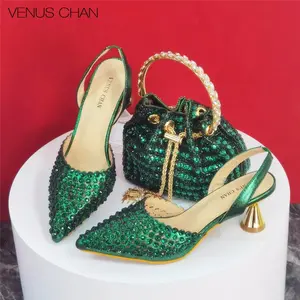 Women’s Diamond Heels & Matching Bag – Luxury Green Wedding & Party Shoes