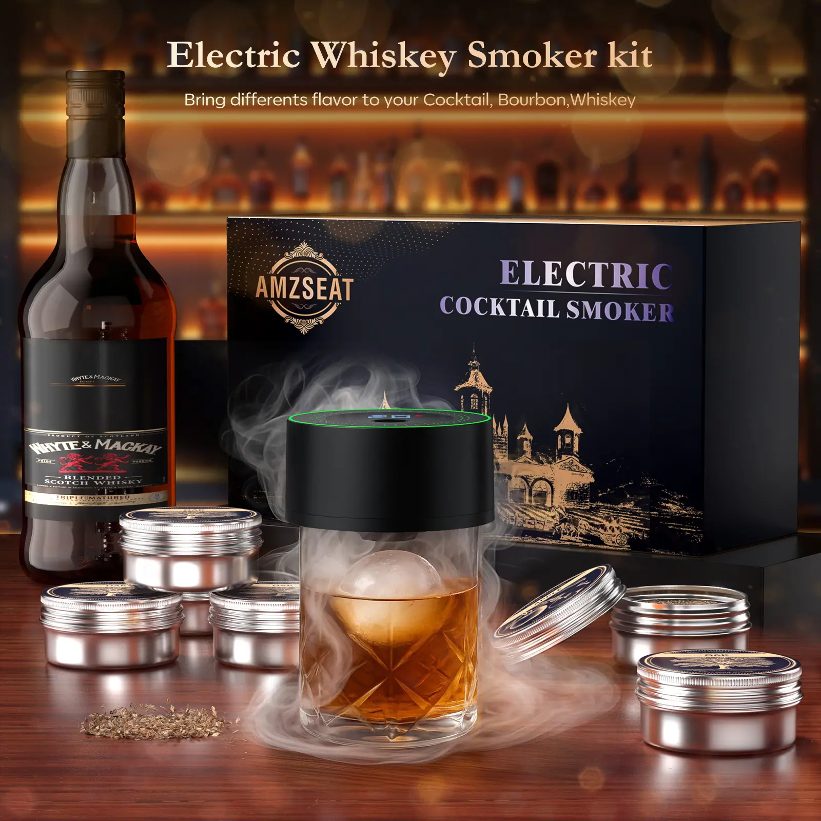 Amzseat Electric Whiskey Smoker Kit Built-in Lighter, No Butane Needed, Rechargeable Cocktail Smoker Kit with 6 Wood Chips,Fashioned Drink Smoker Kit, Bourbon Whiskey Gifts for Men,Dad,Husband,Valentine's Day gift